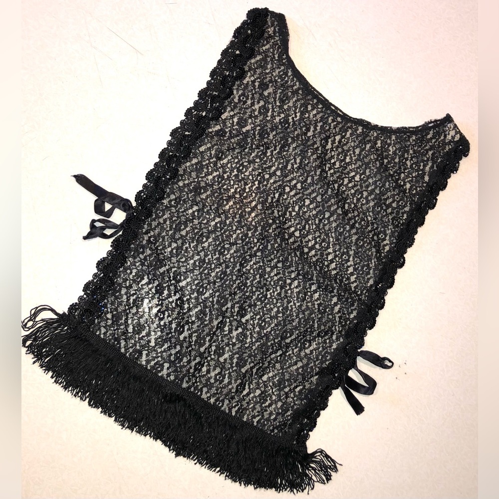 Vintage Sheer Black Lace Top with Sequins & Fringe - M